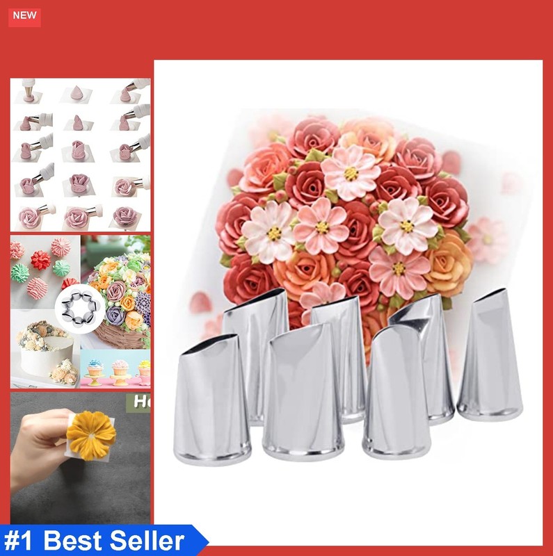 Rose Piping Tips Set 7 Piece Stainless Steel Petal Ruffle Cake Decorating Kit