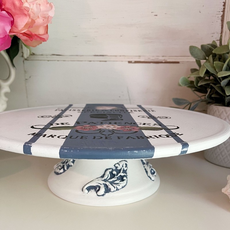 French Country Patisserie & Roses Cake Plate / Stand Riser Grain Sack Stripe gallery