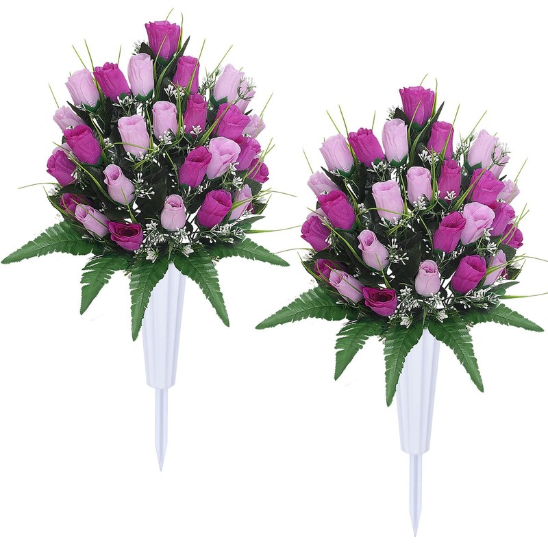 Hibsotco Artificial Cemetery Flowers Vases 2 Sets Memorial Rose Bouquets For