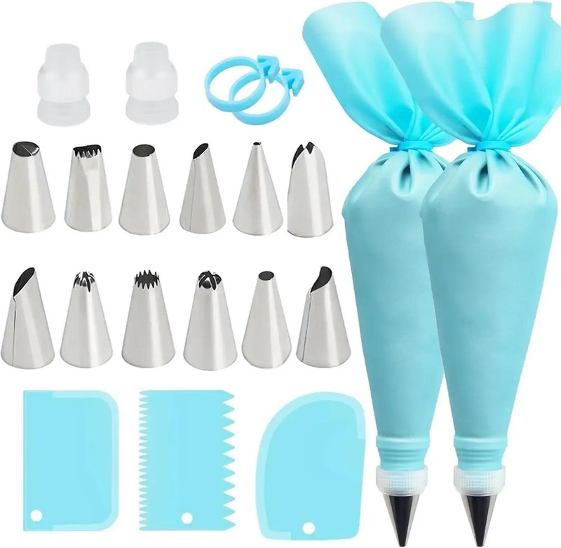Silicone reusable piping bags with stainless steel nozzles, perfect for cake