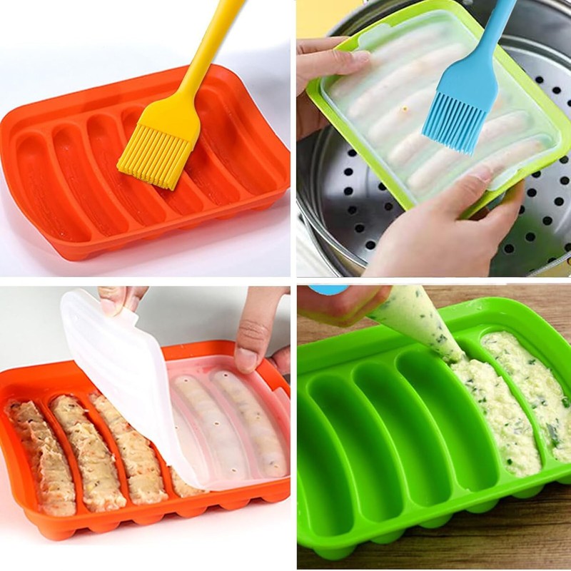 2PCS Silicone Sausage Mold Nons-tick Hot Dog Mold W/ Brushes 6-Cavity Hotdog Bun