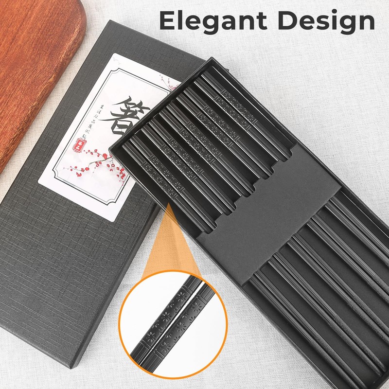 Fiberglass Chopsticks Reusable Set, 5 Pairs Black Gift-Boxed – Premium Non-Sl... gallery