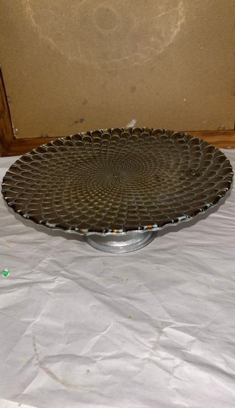 Vintage Ceramic Pedestal Cake Stand with Textured Design