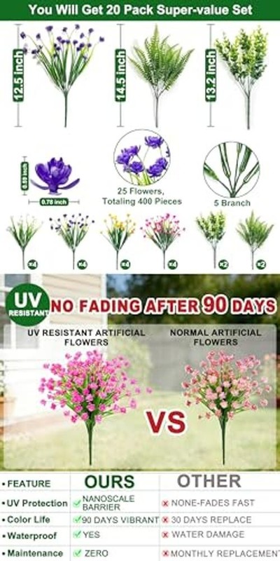 Artificial Flowers for Outdoors, Summer Spring 20 Bundles Mixed 6 Styles 2 gallery