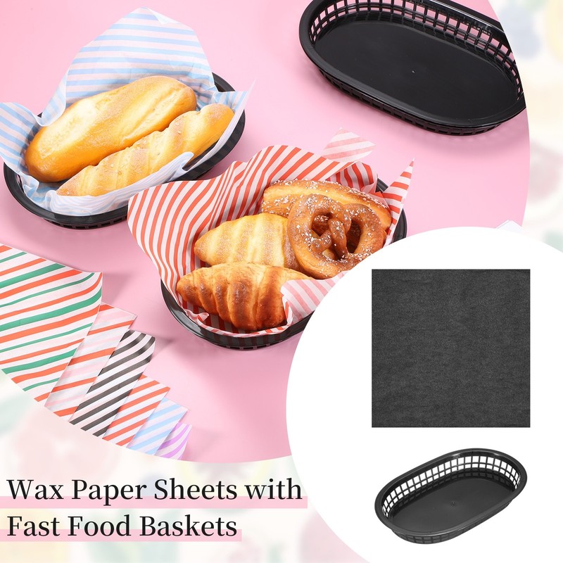 50pcs Solid Color Wax Paper Sheets with 5 Pcs Fast Food Baskets, Black gallery