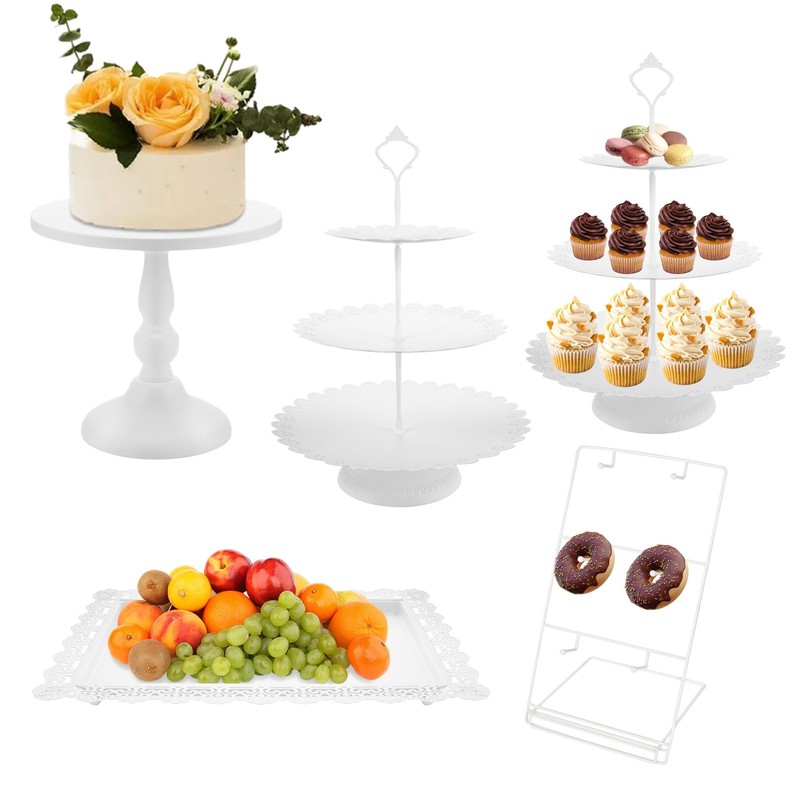 White Cake Stand Set, Dessert Table Display Metal Round Tiered Cupcake Holder…
