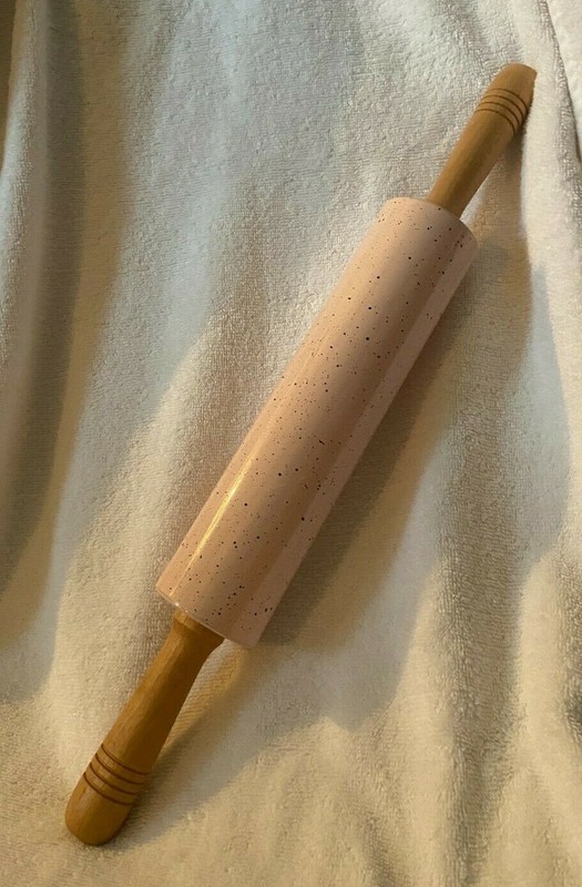 THE BAKESHOP MASTERCLASS PINK BLACK SPECKLED ROLLING PIN " LONG WOODEN HANDLES gallery