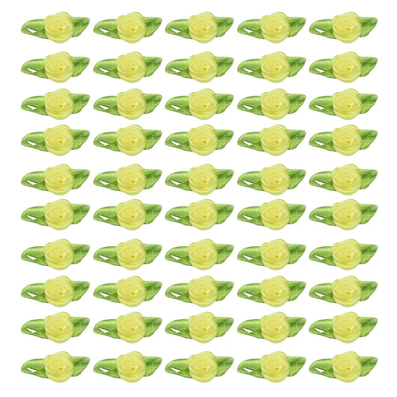 100 Pcs 15mm Yellow Tiny Satin Ribbon Rose Fabric Flowers Applique for DIY