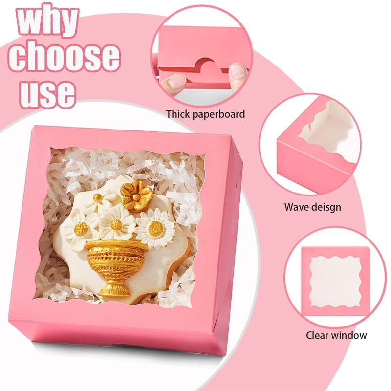 50 PCS 4x4x2 Inch Pink Bakery Box With Clear Window Cookie Pastry Treat DIY gallery