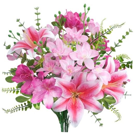 10 Pcs 18.5” Artificial Fowers Silk Fake Lilies Flower Bouquet Fake Spring Pink