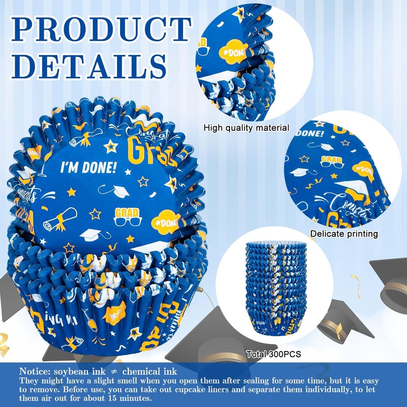 300 PCS Graduation Cupcake Liners Congrats Grad Paper Baking Cups Blue Gold gallery