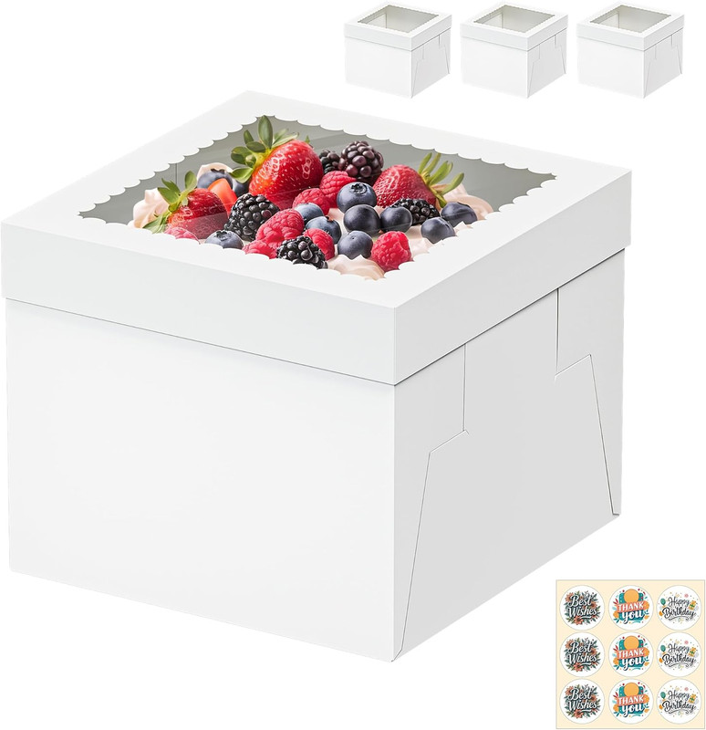 3 Pack Cake Boxes, 12X12X8 Inches Tall Cakes Box, White Cake Boxes with Large Wi