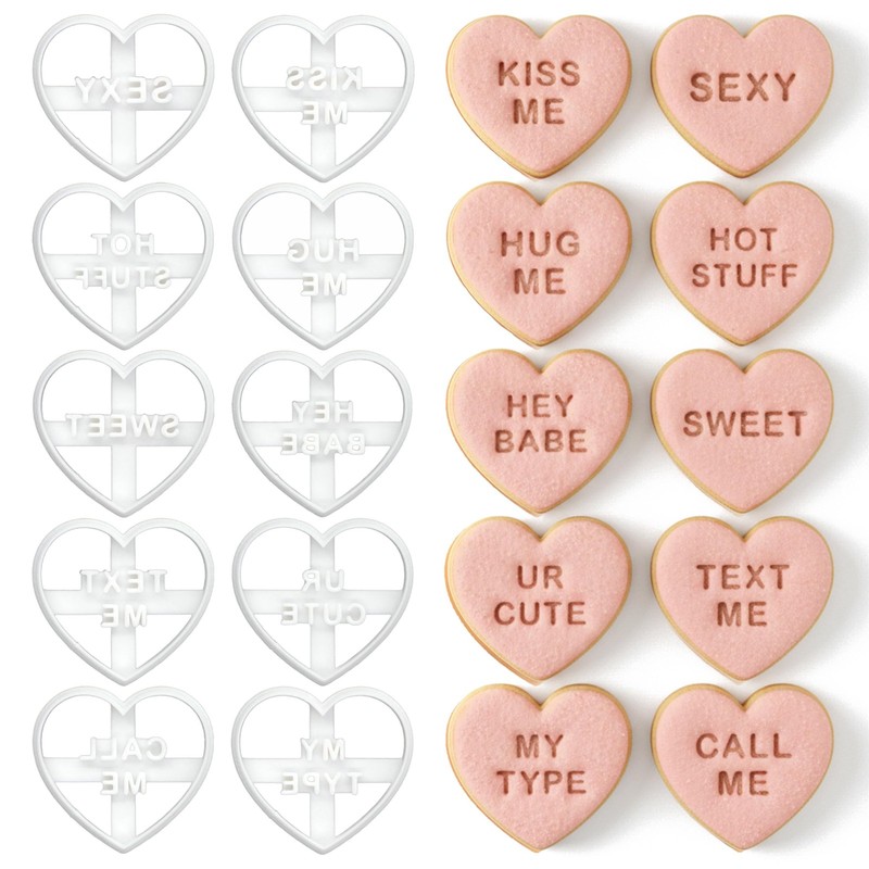 Set of 10 Flirty Conversation Heart Cookie Cutters – Cute Romantic Messages f...
