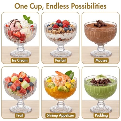 6 Pack Vintage Embossed Glass Dessert Cups, 12oz Footed Sundae Glasses for gallery