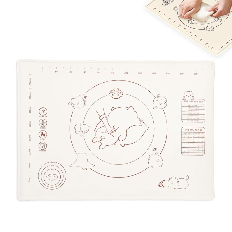 27×19″ Silicone Pastry Mat with Cute Cat Design, 27.6″L x 19.7″W, Beige