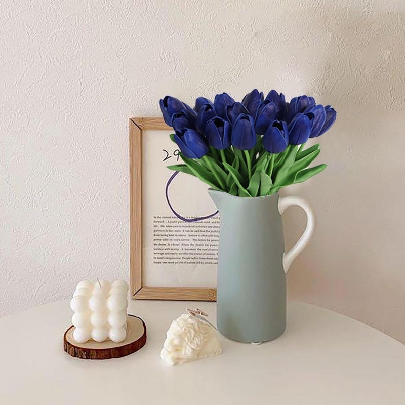 Ipopu 24 Pcs Navy Blue Flowers Tulips Artificial Flowers Real Touch Blue Tulips gallery