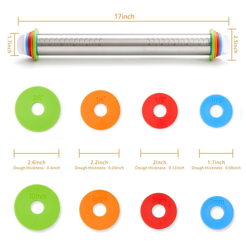 Rolling Pin with Thickness Rings, 17" Adjustable Stainless Steel Rolling Pins... gallery
