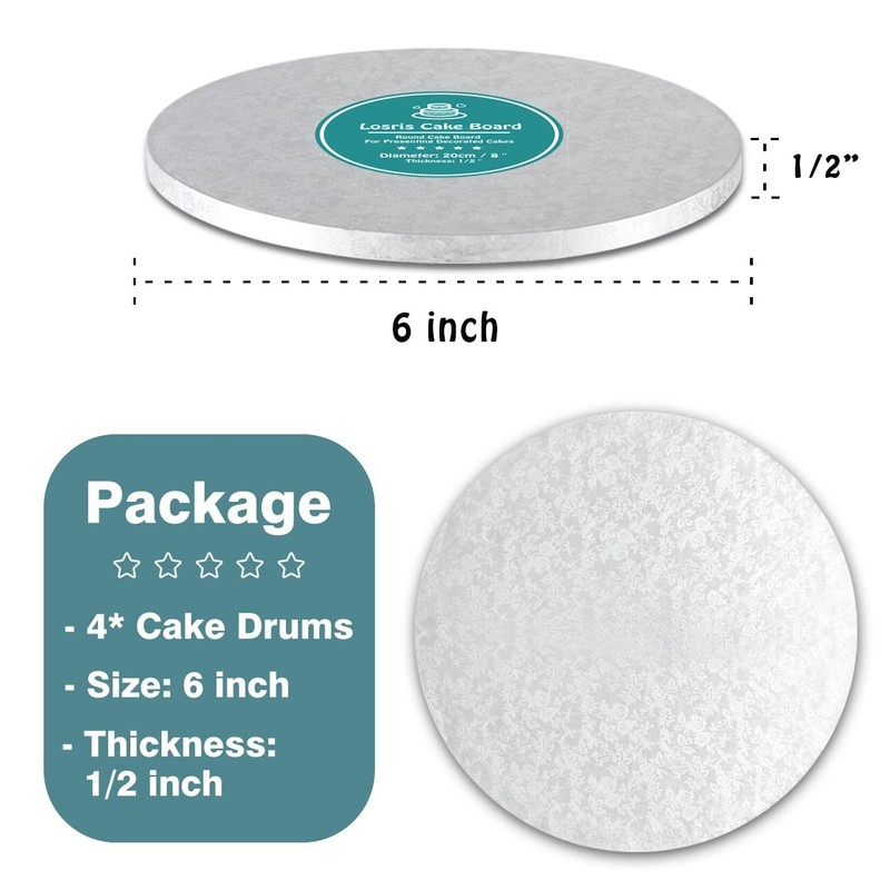 Silver Cake Drum, Round 6 Inch Cake Boards, 1/2-Inch Thick Smooth Edges, Multi gallery