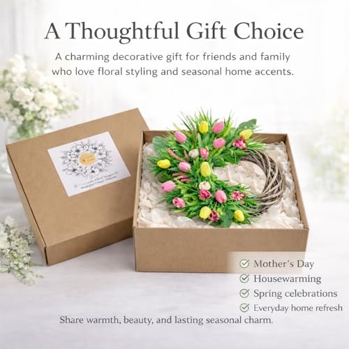 Spring Summer Wreath for Front Door, 24 Inch Artificial Tulip Yellow and Pink gallery