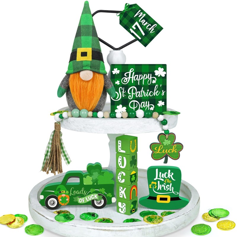 St Patricks Day Decor, 12 Pcs Tiered Tray Decor – Plush Green