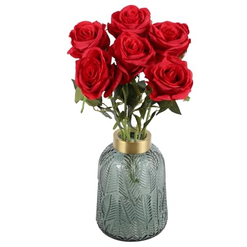 6PCS Silk Lop-Sided Rose Artificial Flower with Long Stem Fake Leaf Deep Red gallery