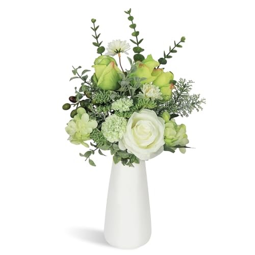 Small Artificial Flowers in Ceramic Vase, Faux Flower Bouquet for White+green gallery