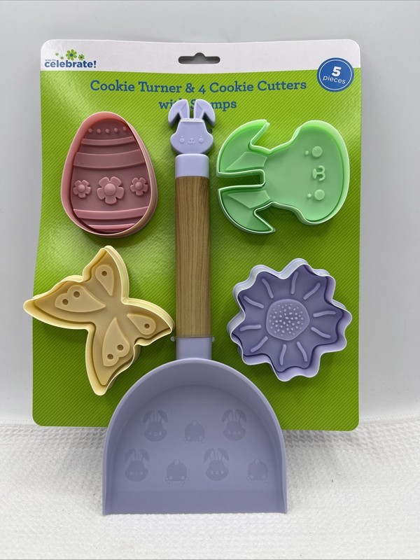 celebrate! Easter Cookie Cutter Set w/ Turner, Stamps, 5pc Plastic, Safe