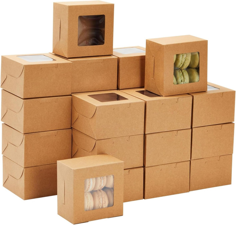 Cookie Boxes with Window – 50 Pack, 4 X 4 X 2.5 in Brown Cardboard – Pastry Cont
