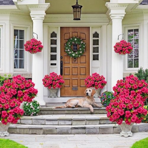Artificial Geranium Flowers for Outdoor Decoration, 6 Bundles UV Rose Red gallery