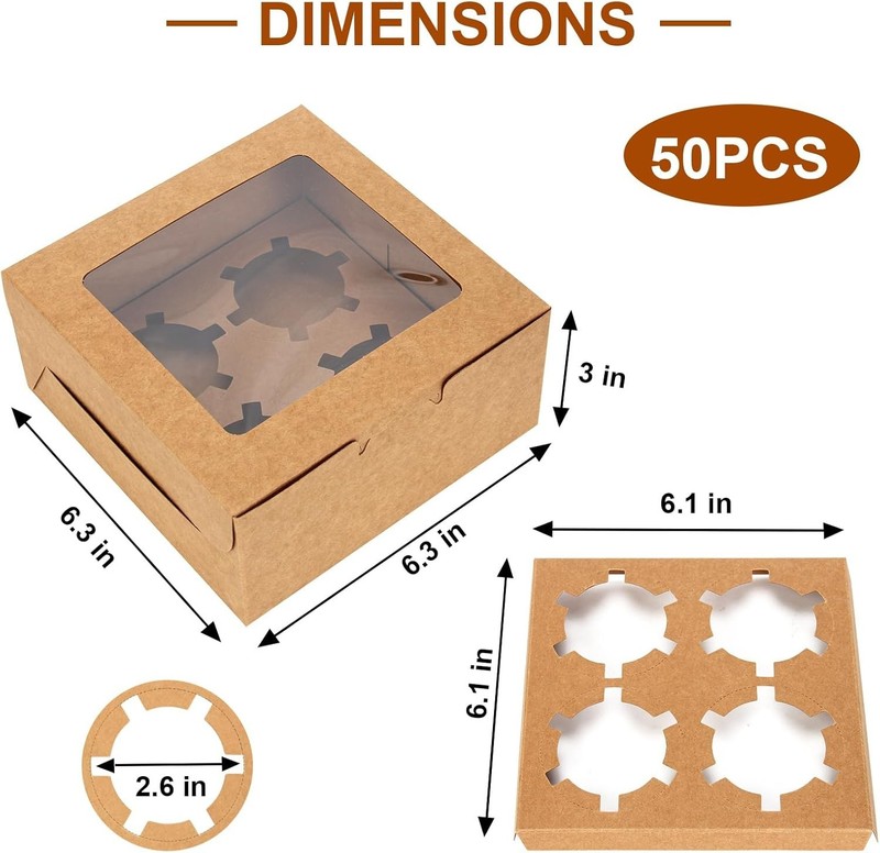50 PCS Cupcake Boxes with Window, 6x6x3 Inch Cookie Boxes, Brown Bakery Conta... gallery