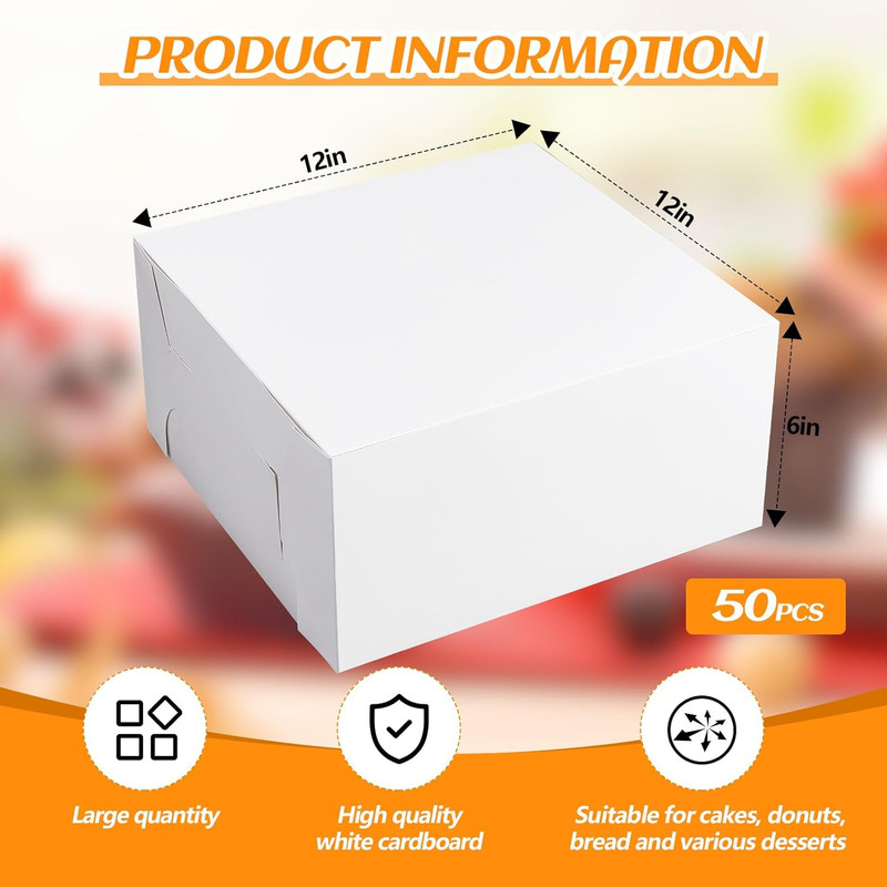 50 Pack 12 X 12 X 6 Inch White Cake Boxes Cardboard Bakery Boxes for Pie Pastry gallery