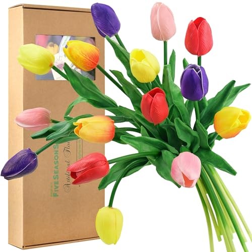 Real Touch Tulips Artificial Flowers – 15 Stems Faux Tulip Bouquet #9 Rainbow gallery