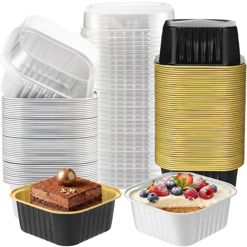 200 Pack 5 oz Mini Cake Pans with Lid, Aluminum Foil Mini Baking Tins, Square…
