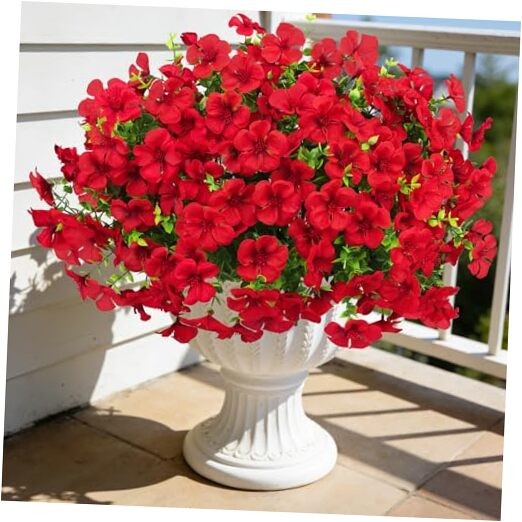 12 Pcs Artificial Geranium Flowers for Outdoors, Fake Silk Flowers UV Red