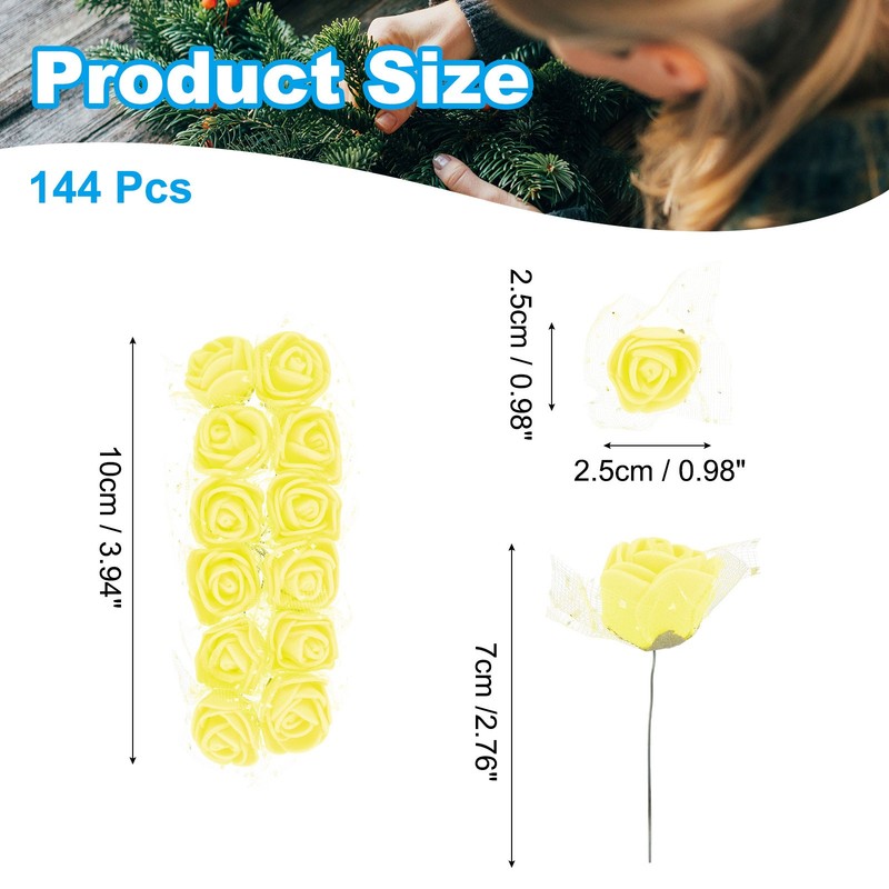 144Pcs 0.98" Mini Rose Artificial Flower Heads Bulk with Stem & Gauze, Yellow gallery