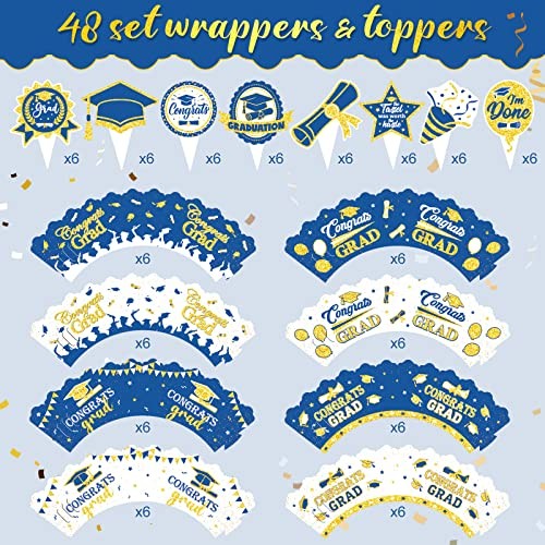 96 Pcs Graduation Cupcake Wrappers Toppers Class of 2026 Congrats Blue Gold gallery