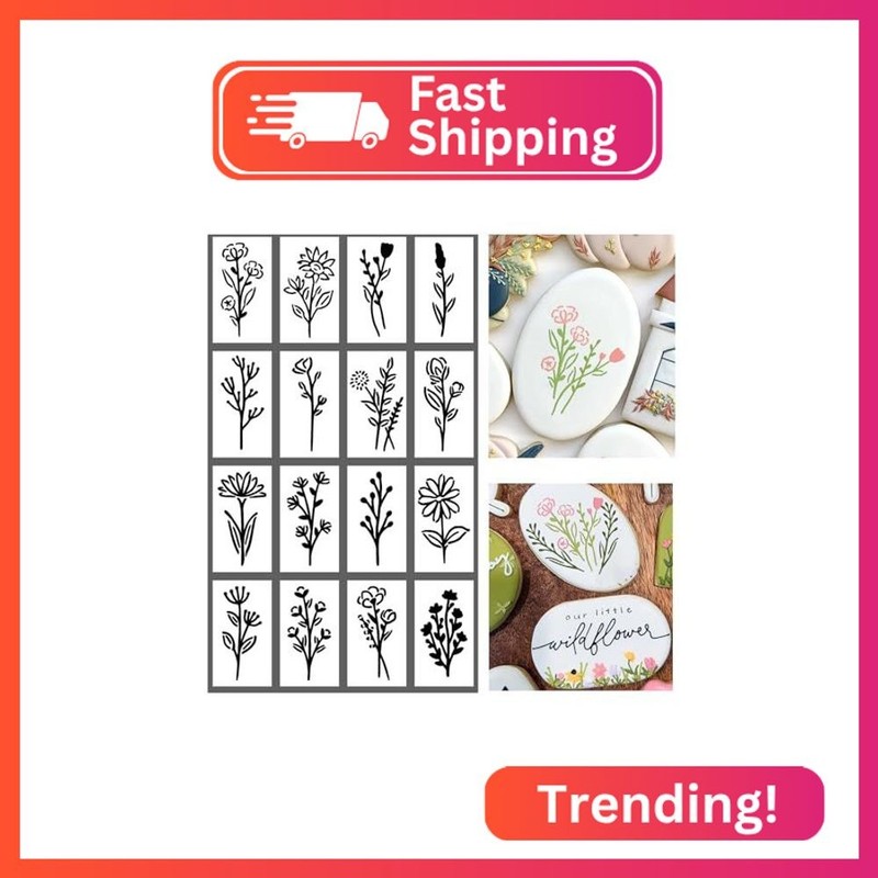 16Pcs Scroll Tile Small Wildflower Flower Cookie Stencils for Baking, Royal Icin