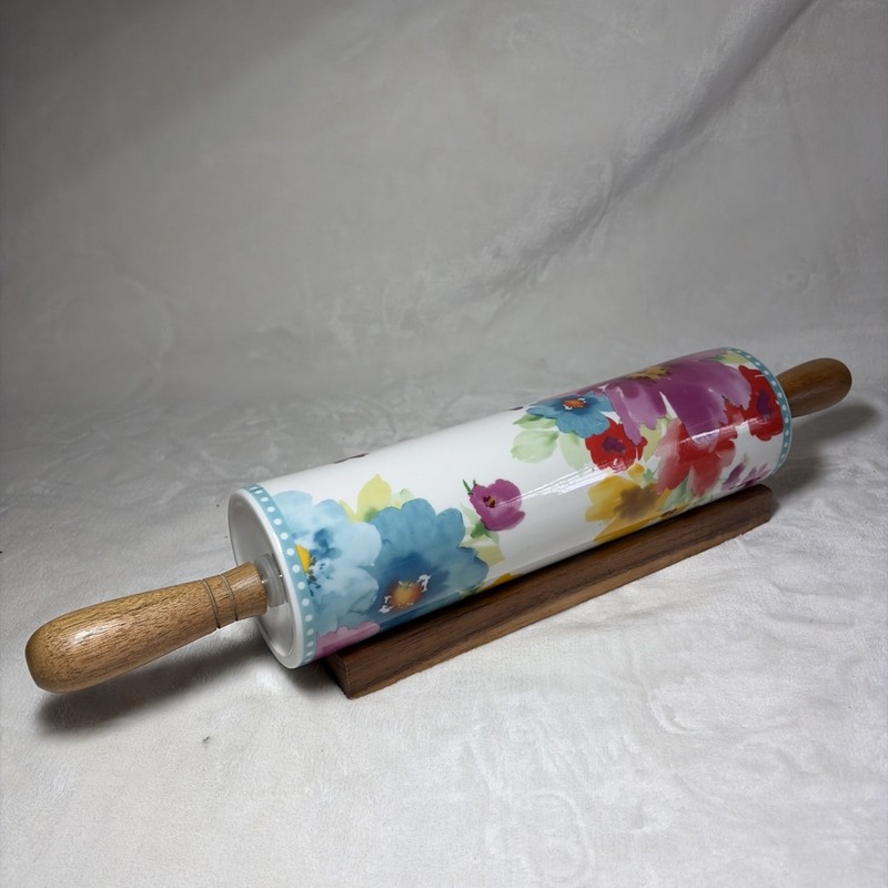 Pioneer Woman Breezy Blossom Ceramic Rolling Pin with Wood Stand - Retired! gallery