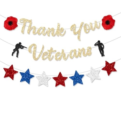 Gold Glitter Thank You Veterans Banner Party Decorations Thank You to Our