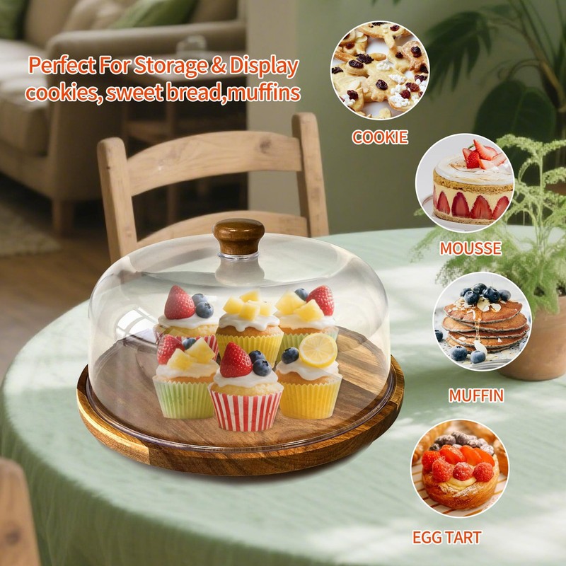 Rotating-Wood-Cake-Stand With Acrylic Dome Lid, Round Wooden Cake Holder Plat... gallery