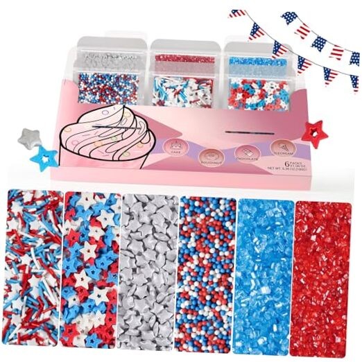 HUEBEATY 6-in-1 Patriotic 4th of July Sprinkles – 180g Red White Blue Sprinkles