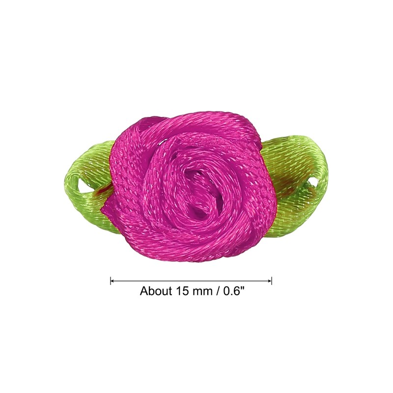 Mini Ribbon Roses, 100 Pcs Tiny Satin Fabric Flowers with Green Leaves, Rose Red gallery