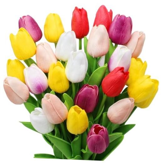 28pcs Multicolor Flowers Artificial Tulip Stems Real Feel PU Tulips Multi Color gallery
