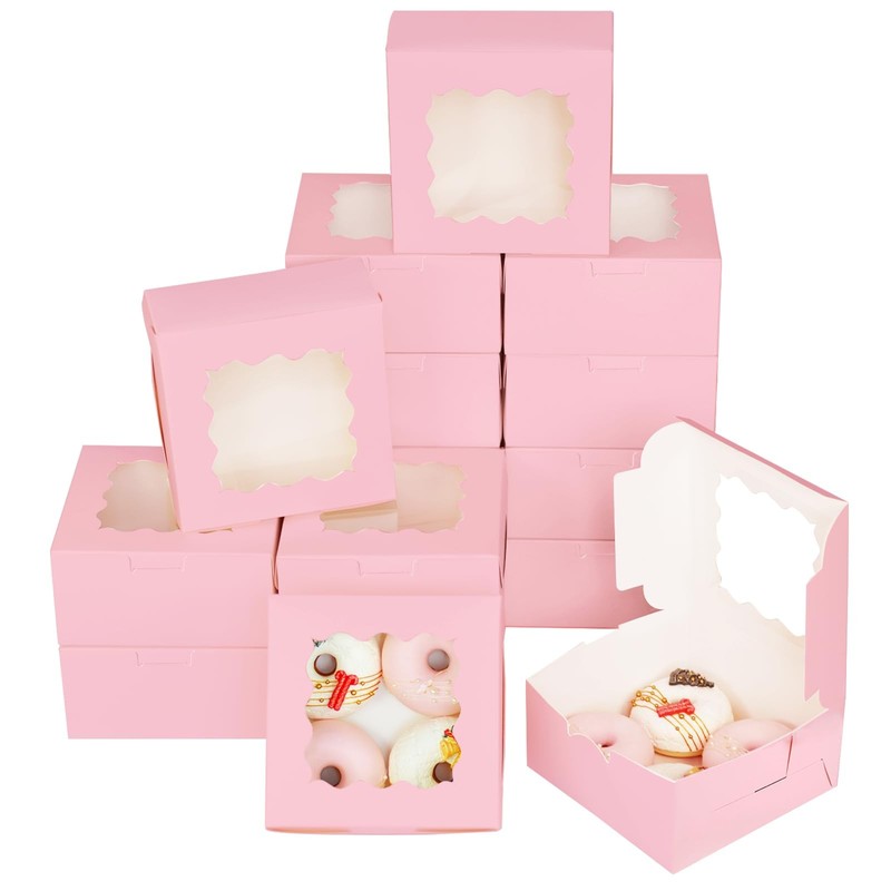 Pink 30-Packs Bakery Boxes with Window 6x6x3 inches Thick Sturdy Macaroon Pa…