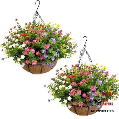 Artificial Hanging Plants Flowers with Basket 2 Multi (4yl-4pl-4pk-4rd-4wt-4gn)