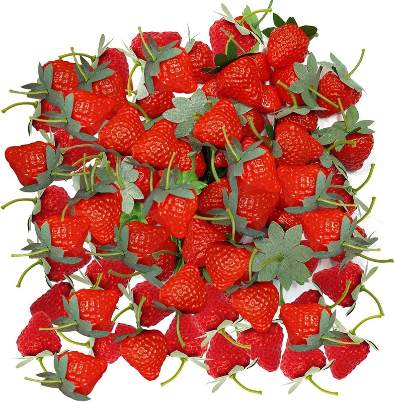 100PCS Plastic Artificial Red Stberries, Fake Stberries Décor,