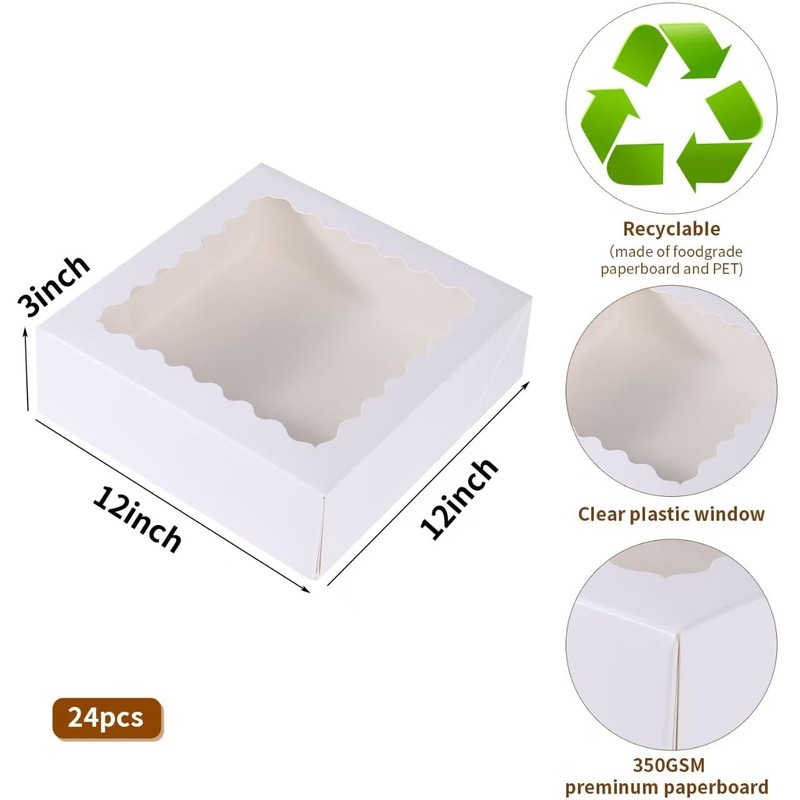 24 pcs White Pie Boxes,12x12x3 Inch Auto-Popup Bakery Boxes with Window Donut... gallery