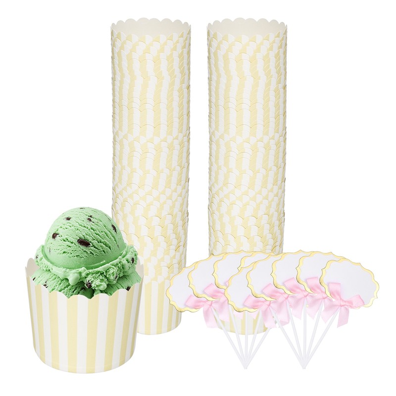 100pcs Paper Baking Cupcake Cups with Handwritten Toppers, Pinstripes&Yellow