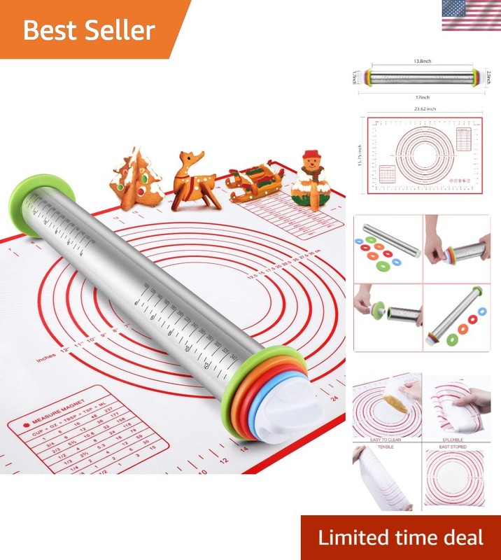 Durable Adjustable Rolling Pin & Non-Stick Silicone Mat for Effortless Baking