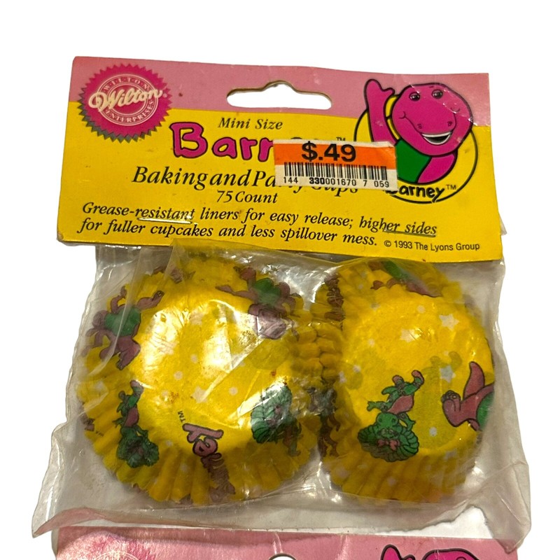 Barney Mini Baking Cups 75ct(150 Total) 1 1/4" Vintage 1993 Wilton NOS Lot Of 2 gallery